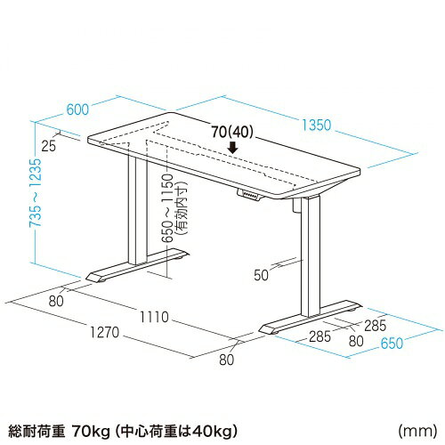 電動昇降デスク 昇降式デスク 昇降デスク パソコンデスク 作業台 e電動昇降デスク 幅135cm 奥行60cm メモリー機能付 ブラック【受注生産品】 ERD-ER13560BK サンワサプライ [2]