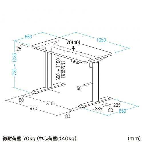 【クーポンで800円OFF!6/11(木) 1:59まで】e電動昇降デスク 事務机 平机 セミオーダーデスク 特注 薄い木目+ブラック 幅105cm 奥行65cm【受注生産品】 ERD-ER10565BKLM サンワサプライ [3]