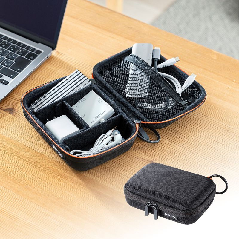 ガジェットポーチ トラベルポーチ セミハード 充電器 モバイル機器 PC周辺機器収納 収納 ケーブル収納 小物整理 耐衝撃 フルオープン 仕切り W175×D120×H55mm IN-HDAD3BK sanwadirect-10105169 サンワダイレクト楽天市場店 サンプル画像3