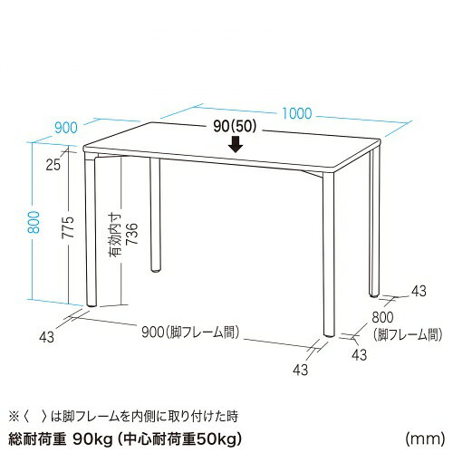 シンプルデスク ワークデスク 平机 高耐荷重 eテーブル 幅100cm 奥行90cm 高さ80cm ホワイト【受注生産品】 MEF-10090W80 サンワサプライ [2]