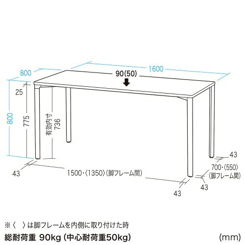 シンプルデスク ワークデスク 平机 高耐荷重 eテーブル 幅160cm 奥行80cm 高さ80cm ブラック【受注生産品】 MEF-16080BK80 サンワサプライ [2]