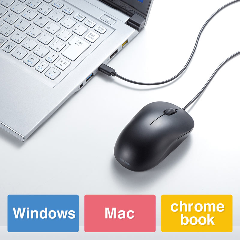 有線マウス USB Type-C 中型 ブルーLED 3ボタン ブラック