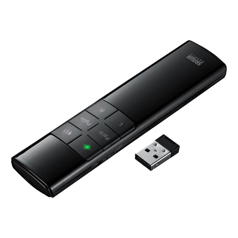 商品詳細マウスカーソル操作に対応した、グリーンレーザーポインター。USB充電式。振動タイマー機能付き。ドライバ不要で接続するだけで使用可能。特長●レーザー照射とマウスカーソル操作の2通りの使い方ができるレーザーポインターです。●赤色光の約8倍視覚的に見やすいとされる緑色光を使用したグリーンレーザーポインターを搭載しています。●ジャイロセンサー搭載で、本体の向きを変えるだけで簡単にマウス操作ができます。●プレゼンの時間配分を効率的に行える振動機能付きタイマーを搭載しています。●PowerPointの「進む」「戻る」「スライドショー開始・終了」などの操作にも対応しています。●USB充電式で、付属のケーブルを使って繰り返し充電でき、電池交換は不要です。●レシーバーは本体に収納でき、紛失を防止します。●会社での会議など、多人数の使用でも安心の抗菌仕様です。●消費生活用製品安全法に適合し、PSCマークを表示しています。仕様■接続方式：2.4GHzワイヤレス■インターフェース：USB仕様 Ver1.1準拠※USB3.2/3.1/3.0/2.0インターフェースでもご使用になれます。■コネクタ形状：USB Aコネクタ■レーザー照射：有■通信範囲：30m※使用環境により、到達距離が短くなる場合があります。■レーザー種類：可視光半導体レーザー■レーザークラス：クラス2■レーザー出力：最大1mW■レーザー色：グリーン■レーザー波長：緑色/515nm■レーザー最大到達距離：200m　※夜間使用時■レーザー直径：5mm　※対象物から3mの距離で照射した場合■照射形状：点型■連続照射時間：10時間※弊社社内テスト値であり、保証値ではありません。※長時間連続して使用し続けると発熱し、レーザー光が弱くなる場合があります。長時間に及ぶ連続使用（押しっぱなし）はできる限り避けてください。■電源：リチウムポリマー電池（400mAh）■電池タイプ：充電池■通電表示LED：赤色（電波表示マーク）■ボタン数：9ボタン■充電時間：1.5時間■連続動作時間：30時間■使用環境温度：0℃から40℃■ジャイロセンサー機能：有■材質：ABS樹脂■セット内容：本体、レシーバー、充電用USB Type-Cケーブル■サイズ：本体/W31×D128×H14mmレシーバー/W12×D20×H5mm■重量：本体/約44gレシーバー/約1g対応機種■対応機種：Windows搭載（DOS/V）パソコン、Apple Macシリーズ■対応OS：Windows 11・10macOS（Tahoe）26、macOS（Sequoia）15、macOS（Sonoma）14、macOS（Ventura）13、macOS（Monterey）12、macOS（BigSur）11■対応アプリケーション：PowerPoint for Microsoft 365PowerPoint for Mac 2016・2019表示された検索窓に商品番号を入力してください【 商品番号：MA-WPR17BK 】【2026年04月登録】関連キーワード：レーザーポインタ ビジネス 会議 発表 プレゼン 小型 携帯 緑色 おしゃれ 女性 男性 ペン 無線マウス ワイヤレス コードレス ワイヤレス無線 パソコン PC プレゼント ギフト 大人 彼氏 サンワサプライ 4969887703311表示された検索窓に商品番号を入力してください【 商品番号：MA-WPR17BK 】⇒こちらの商品のレビューを、もっと読みたい方はこちら