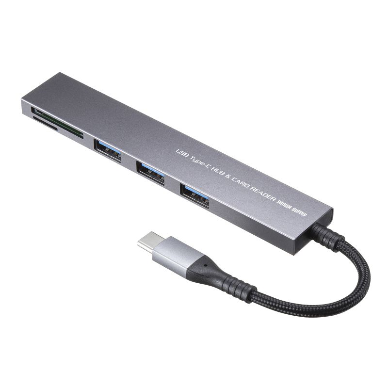 USBハブ Type C接続 薄型 3ポート スリムハブ カードリーダー付 SD microSD バスパワー 軽量 コンパクト アルミ USB-3TCHC20MS