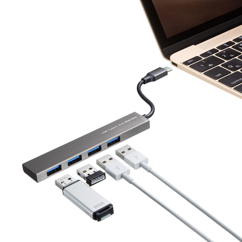 サンワダイレクト楽天市場店のUSB Type-C 4ポートスリムハブ｜アングル2