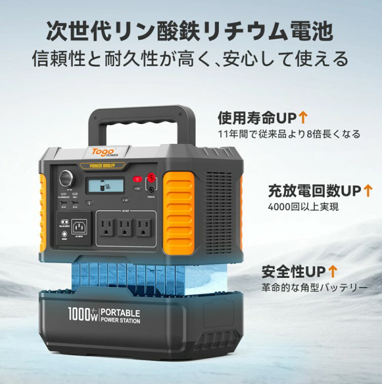 TogoPower 1000W ポータブル電源 瞬間最大出力2000W 大容量 ポータブルバッテリー 1037Wh MPPT制御 非常用電源 蓄電池 家庭用 災害用バッテリー 防塵 純正弦波 SOS機能 車中泊 キャンプ 節電対策 津波 地震 停電 敬老の日