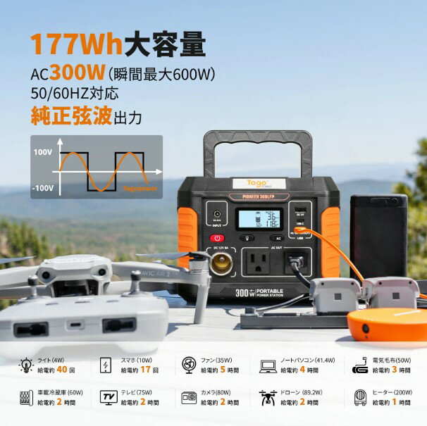 Togo Power ポータブル電源 300W リン酸鉄リチウム 177wh/55200mAh 静音 初心者 蓄電池 軽量 ポータブルバッテリー 純正弦波 PSE認証 アウトドア 母の日 プレゼント 停電対策 車中泊 キャンプ 防災LEDライト/SOS機能 津波 地震 停電 敬老の日
