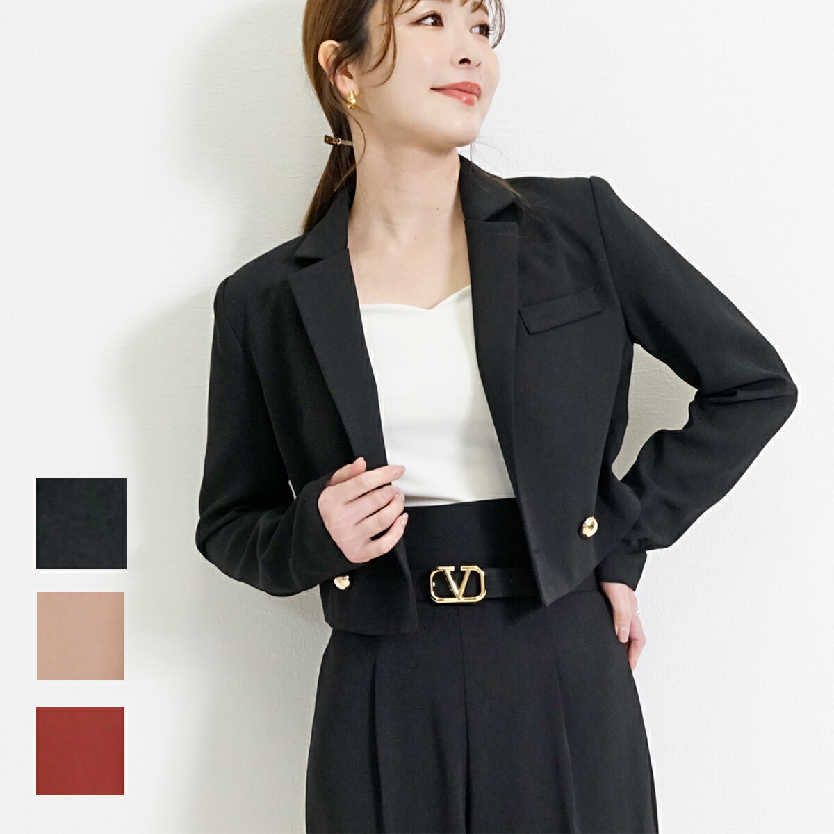 ジャケット レディース ショート丈 クロップド丈 きれいめ 入学式 卒業式 セレモニー パーティー 大人 S M ブラック ベージュ バーガンディ セットアップ 春 秋 冬
