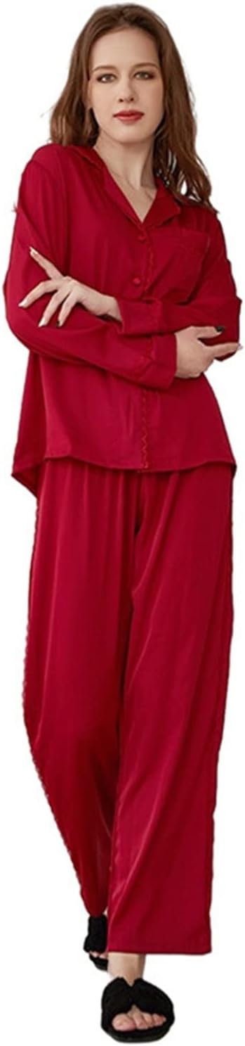 乐天商城 - パジャマ レディース シルク 長袖 長ズボン 無地 ルームウェア 薄手 レース 女性用 前開き おしゃれ 部屋着 夏春秋用 赤い 2点セット 光る ナイトガウン 柔らかい 肌触り良い 通気 涼しい レ