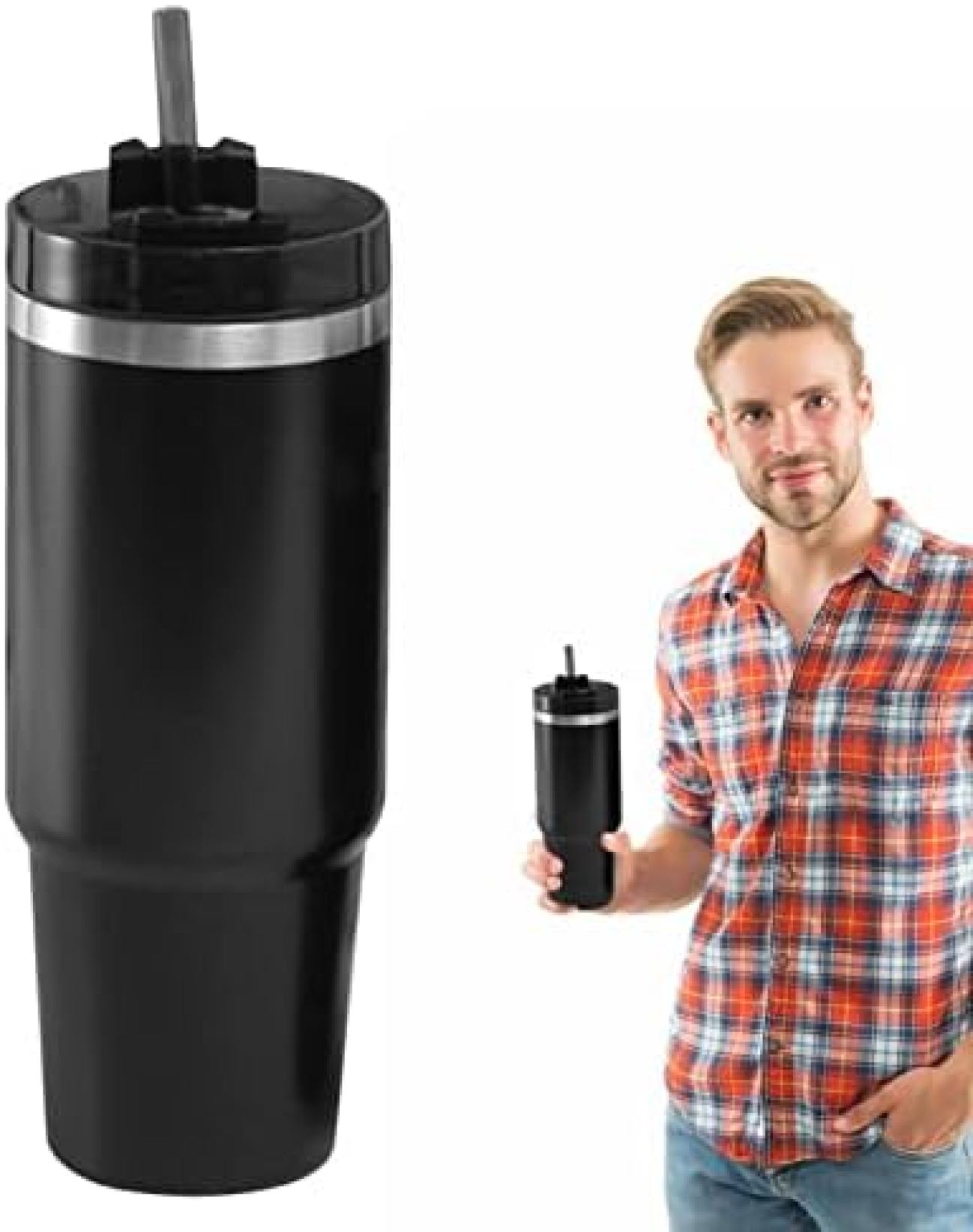 乐天商城 - 熱マグステンレス鋼 - 30オンスの真空断熱コーヒーカップ 男性女性ギフト用の蓋とストロー付き二重壁真空コーヒーカップ