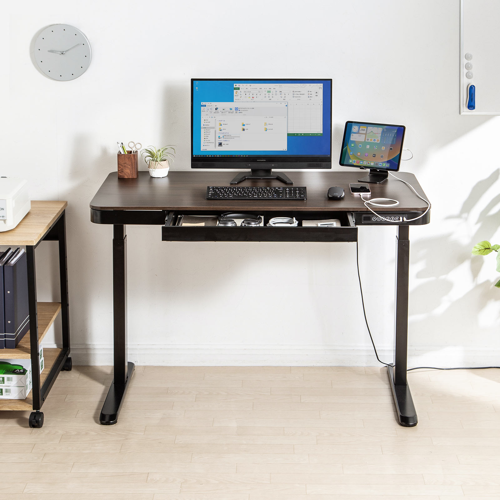 上下昇降デスク 電動昇降デスク 引き出し付き メモリー機能 幅120cm 奥行60cm メモリー機能付き 充電機能付き