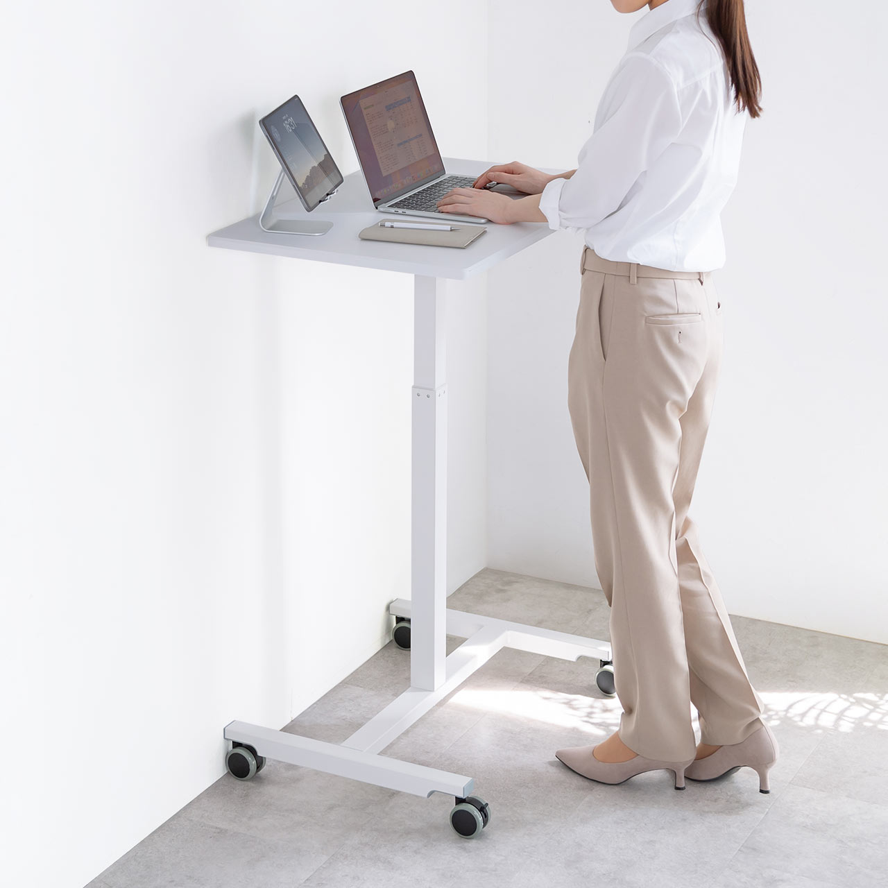 スタンディングデスク 上下昇降デスク ガス圧昇降 電源不要 昇降幅40cm 幅75cm 奥行50cm 腰痛軽減