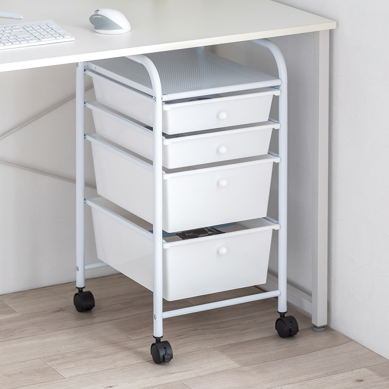デスクワゴン 樹脂トレー 4段 キャビネット キャスター付き サイドワゴン A4サイズ対応