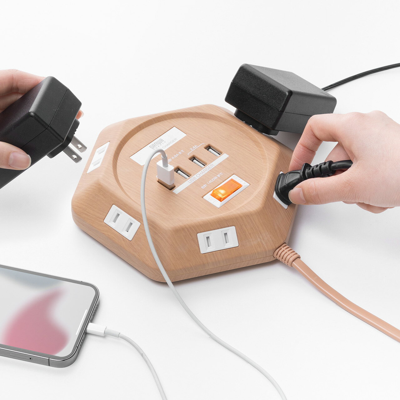 電源タップ 6個口 3m 六角形 USBつき スマホ タブレット充電 一括集中スイッチのサムネイル