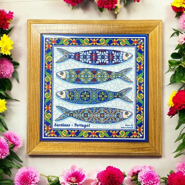 鍋敷き ウッドフレーム アズレージョ イワシ サーディン タイル ヨーロッパ製 ポルトガル製 ポットプレート キッチン雑貨 陶器 壁飾り カラフル かわいい インテリア オブジェ PMC-S6BRのサムネイル
