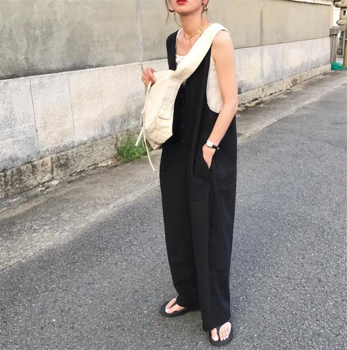 ワイドパンツ 大きいサイズ きれいめ つな 服 レディース オーバーオール ノースリーブ ロング 無地 オールインワン サロペット