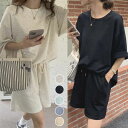 ルームウェア セットアップ ブラック 楽ちん 上下セット Tシャツ レディース パンツ ゆったり 短パン 可愛い パンツ カジュアル