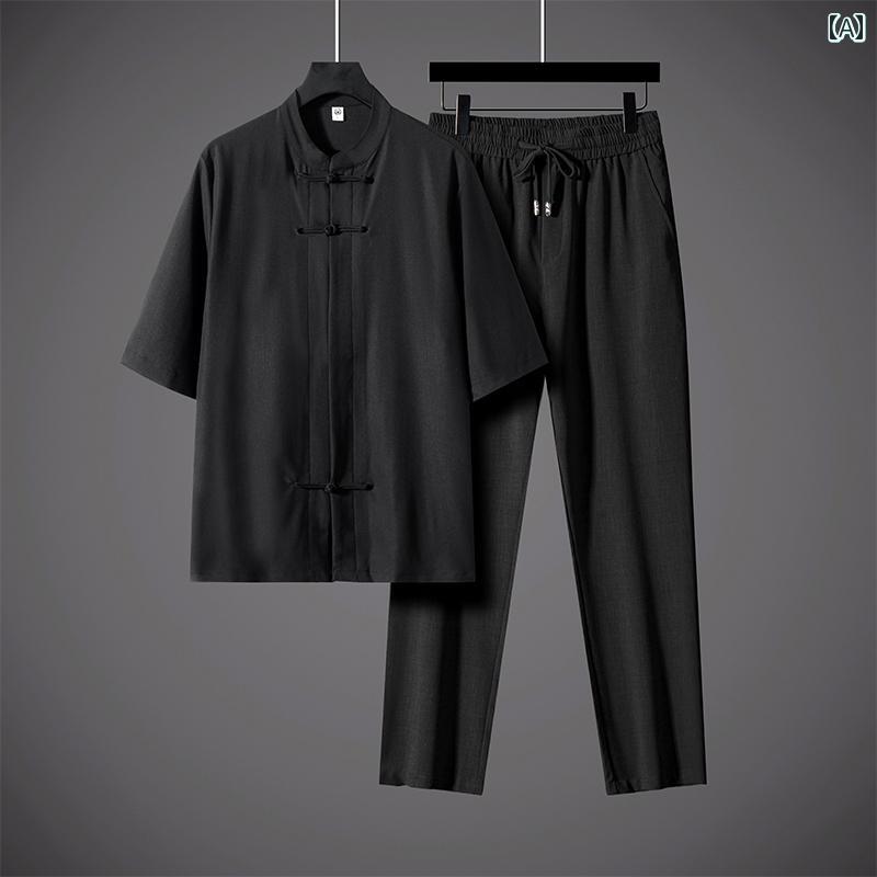 メンズ 夏 チャイナ風 半袖 おでかけ アジアンスタイル シンプル おしゃれ リラクシング レト 高級感 お父さん 唐装 中年 リネン