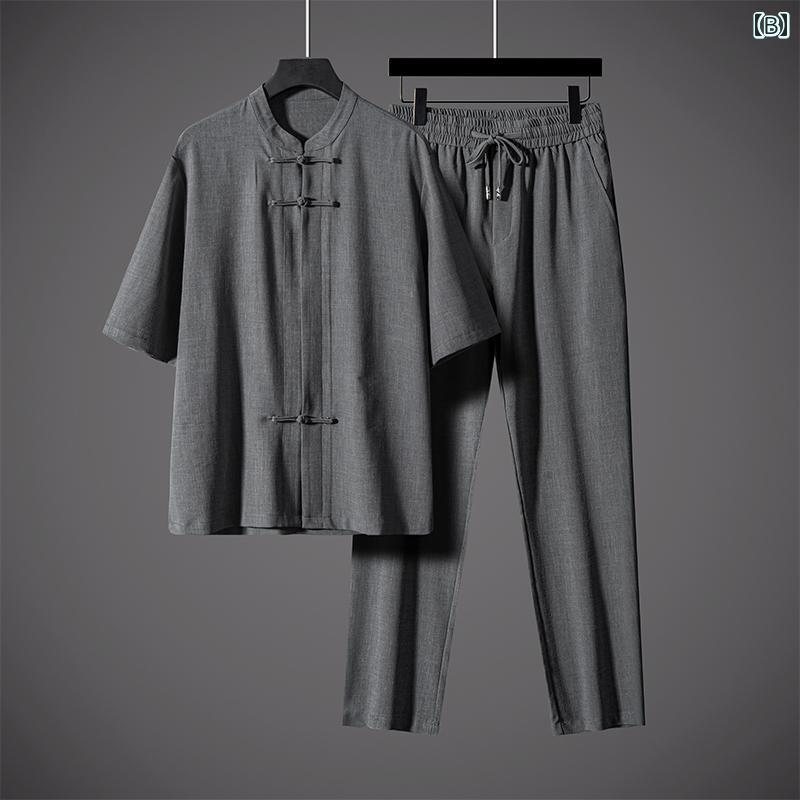 メンズ 夏 チャイナ風 半袖 おでかけ アジアンスタイル シンプル おしゃれ リラクシング レト 高級感 お父さん 唐装 中年 リネン