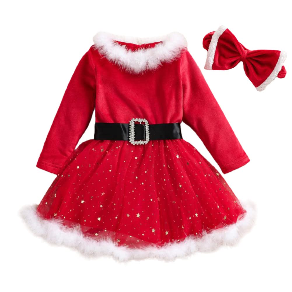 Occidental Goods - サンタドレス 子供 可愛い ワン ファー付き 2点セット クリスマス コスチューム サンタクロース ヘアバンド付き 衣装 サンタ衣装