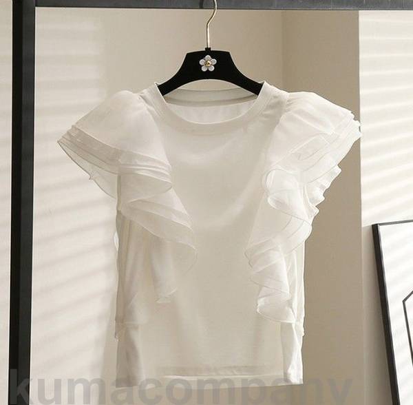 乐天商城 - レディース WILLS ノーカラー クルーネック ブラウス 半袖 フレンチスリーブ フリル カットソー フリル袖 トップス THOM Tシャツ