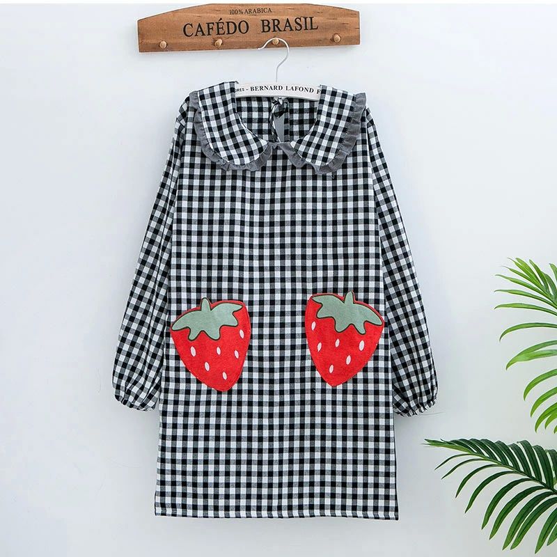 フリル付き イチゴポケット付き 後ろ開き かっぽう着 チェック柄 レディース 通気性 大人用 柔らかい 割烹 可愛い袖付きエプロン