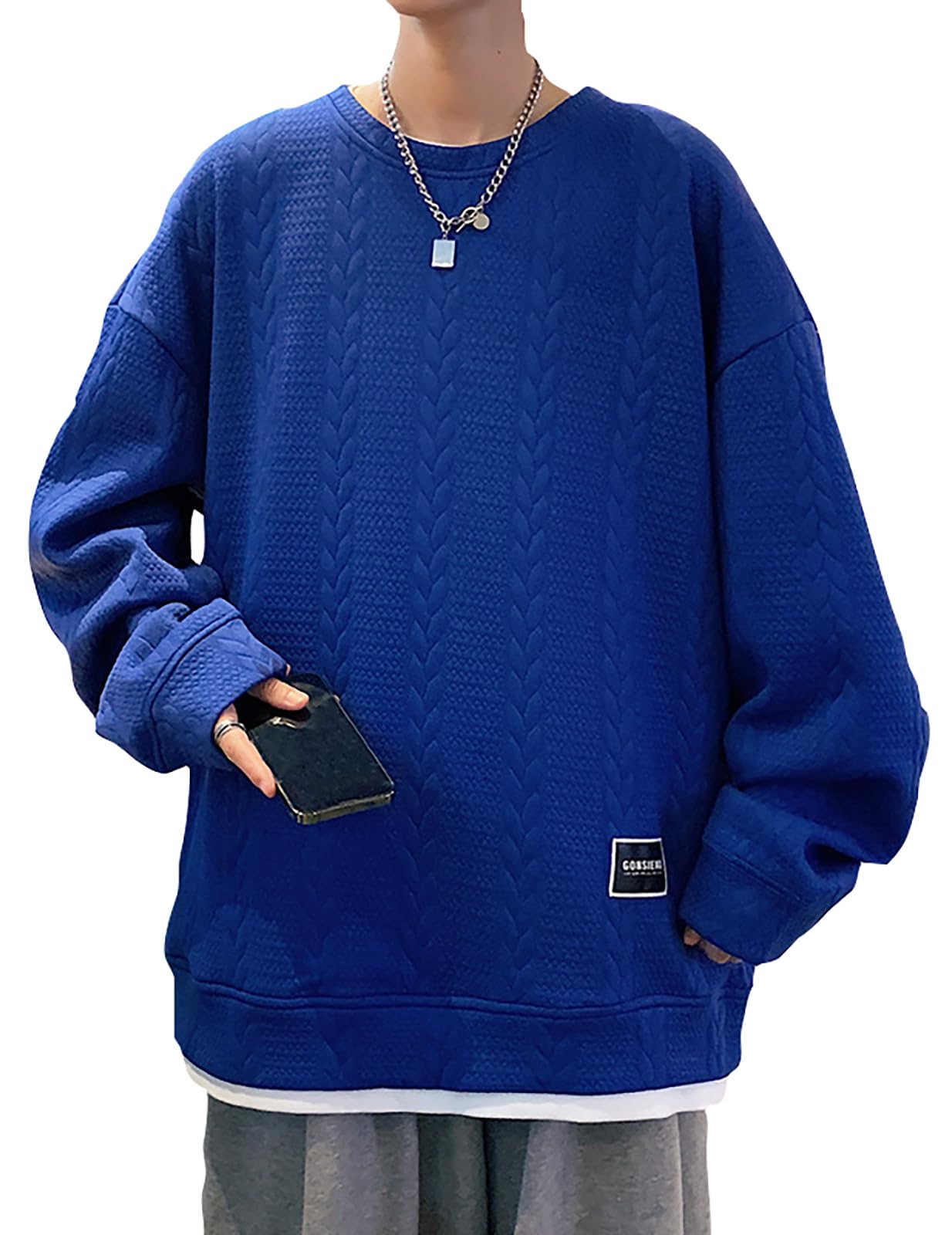 メンズ おしゃれ レイヤード スウェット トレーナー ケーブル柄 秋 春 重ね着風 長袖tシャツ パーカー ..