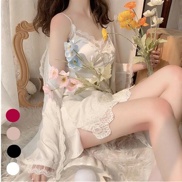 アイスシルク生地 パジャマ エレガント 衣類 秋 春 2点セット ベビードール レディース ルームウエ かわいい ゆったり ガウン 服