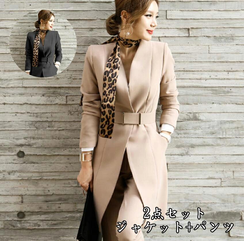 カーキ 2点セットスーツ ジャケット+パンツ 一つボダンスーツ セットアップ ビジネス オフィス 「エレガント」レディーススーツ