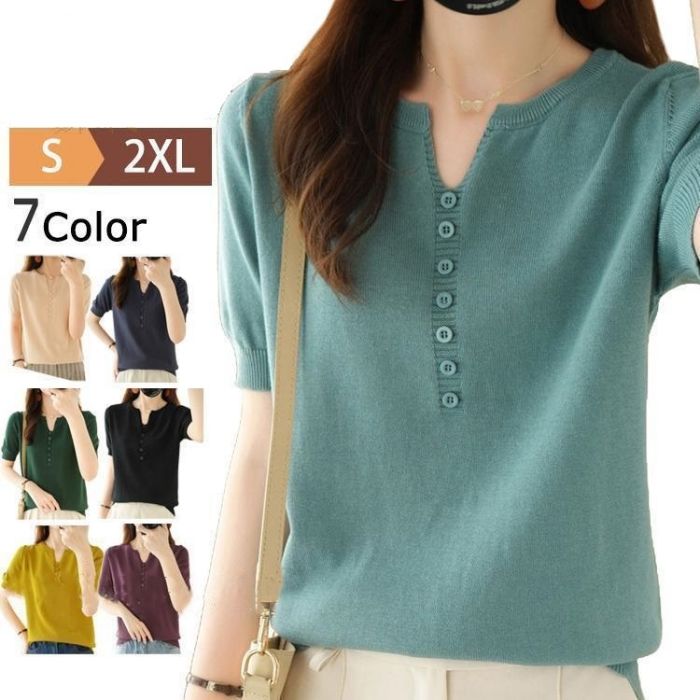 V-Neck - 無地 ゴルフウェア 春夏 半袖 Tシャツ Vネック レディース サマーセーター きれいめ トップス オフィス