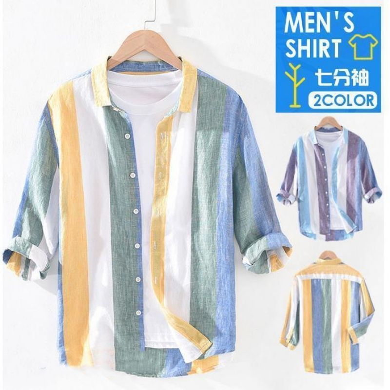 Casual Shirts - おしゃれ 夏 カジュアルシャツ 綿麻 ストライプシャツ 七分袖シャツ ボーダー柄 開襟シャツ リネンシャツ メンズ 七分袖