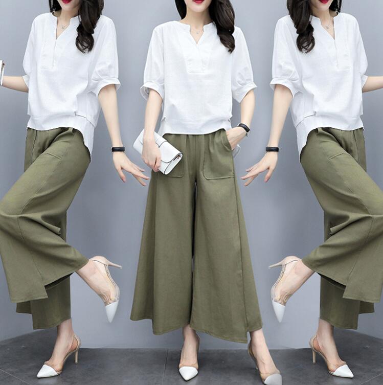 Rakuten - レディースセット 半袖 着痩せ 上着＋ワイドパンツ セットアップ エレガント 上下セット 夏秋 カジュアル 3色 韓 上品 きれいめ