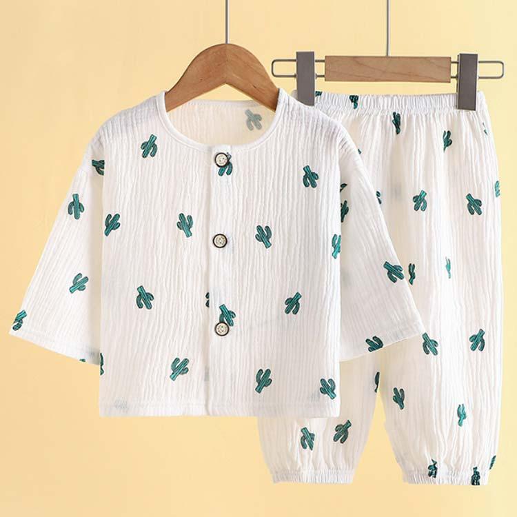 ルームウエア 春夏秋 パジャマ ガーゼ 女の子 前開き 上下セット 子供 ベビー 男の子 長袖 コットン 綿 半袖 七分袖 ボタン 子供