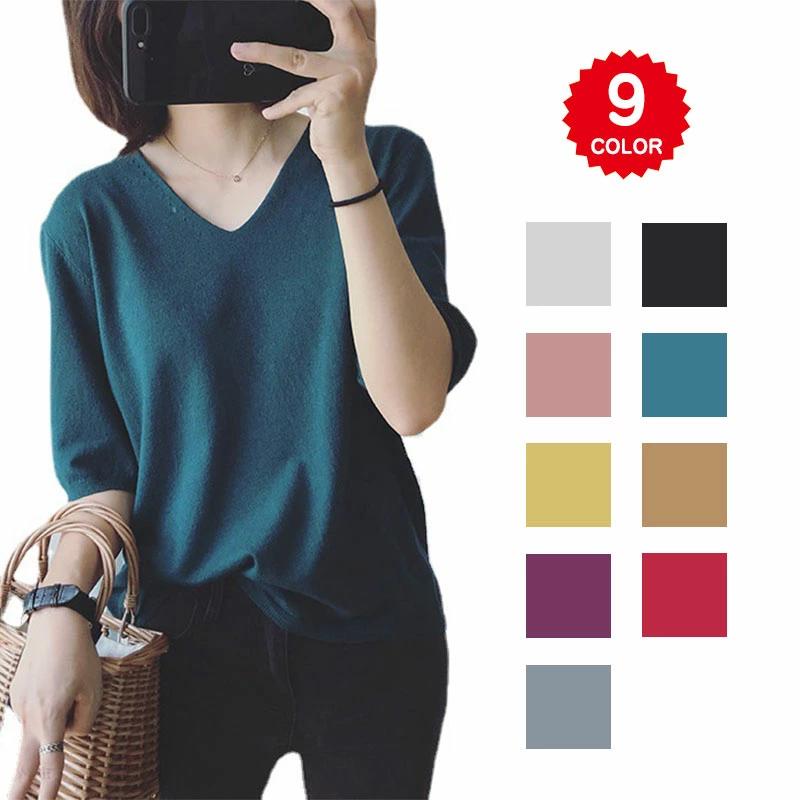 レディース 春 ニットソー サーマーニット ゆったり vネック カットソー 夏 vネックセーター半袖 五分袖 薄手 ニット 大きいサイ(4.0)