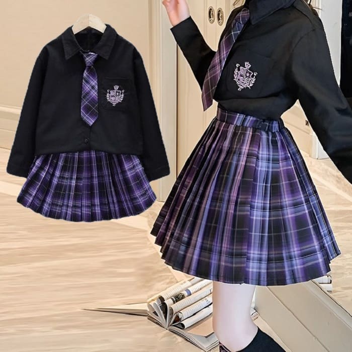 ブラウス 韓国 2点セット ファッション 小学生 キッズ タイ付き 女の子 プリーツ セットアップ 通学 制服コーデ スカート 長袖