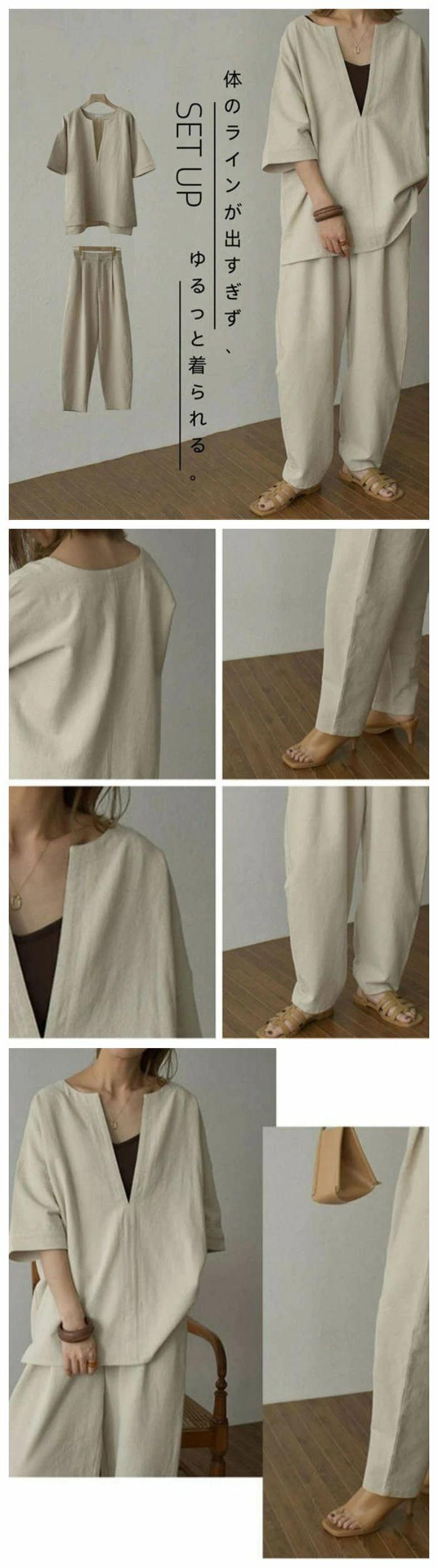 春 セットアップ トップス 七分袖 綿 カットソー パンツ 定番 半袖 Vネック コットン 秋 カジュアル 夏 ワイド 綿麻 レディース