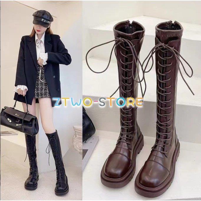 Long Boots - レ シューズ 靴 秋冬 レディース 歩きやすい ローヒール 防水 フェイクレザー ロングブーツ 編み上げブーツ風 ストレッチブーツ