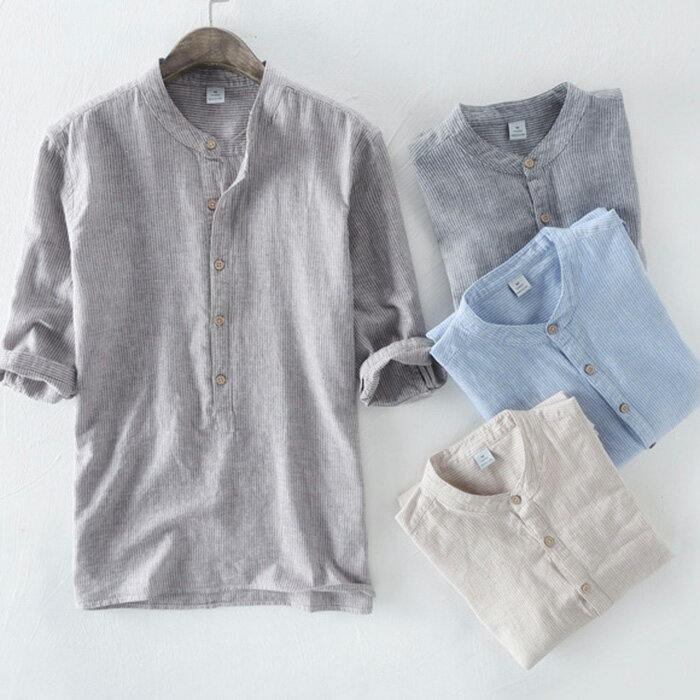 大きいサイズ 七分袖 ストレッチ カジュアルシャツ ワイシャツ 麻シャツ 綿麻 リネン シャツ ビジネス 長袖 シャツ クールビズ