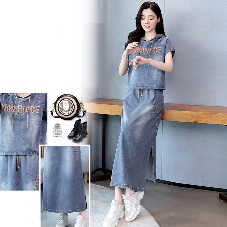 上下セット ツーピース シャツ Tシャツ パーカー レディース 春 フード付き デニムシャツ＆スカートセット 夏 デニム 2点セット