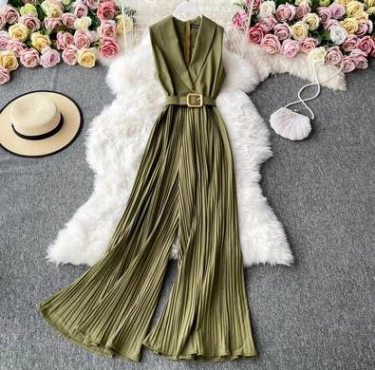 襟付き ベルト ノースリーブ M プリーツ ウエストマーク ニュアンス レイヤード ショールカラー サロペット デザイン L 美ライン