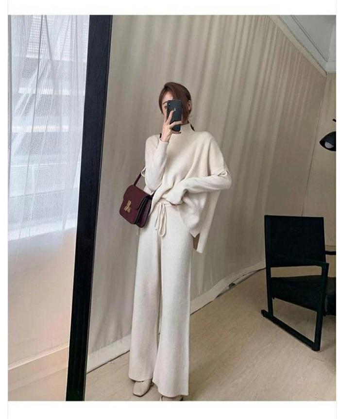 無地 ワイドパンツ 上下セット セットアップ カジ ニットセットアップ レディース 快適 秋冬ニットニットセット レディース 長袖