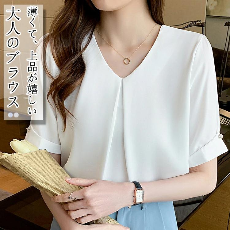 タック ブラウス レディース おしゃれ 半袖ブラウス 大きいサイズ オフィス Vネック シフォンブラウス ふんわり 涼しい 半袖シャツ ビジネス プルオーバー トップス 夏服 スーツ インナー シャツブラウス 無地 ギャザーブラウス