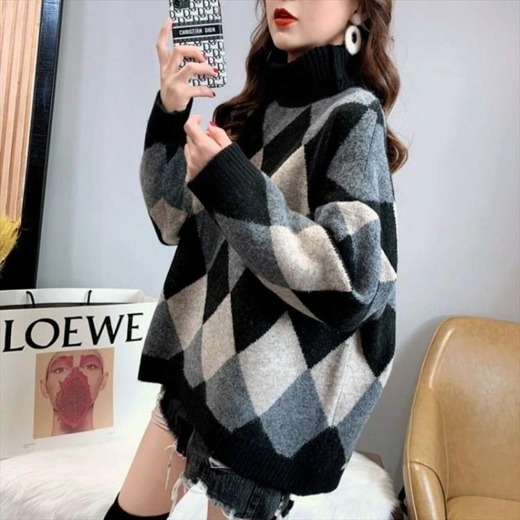 Parka - 長袖 グレー ミディアム丈 ニット 個性的 セーター オーバーサイズ ボリューム袖 フリーサイズ ワイド キャメル タートルネック