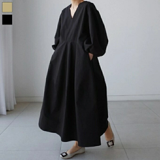 ブラック ロング Vネック レディース【メール送料無料】ボリューム袖 ワンピース フレア ベージュ 長袖 クラシカル きれ Vネック