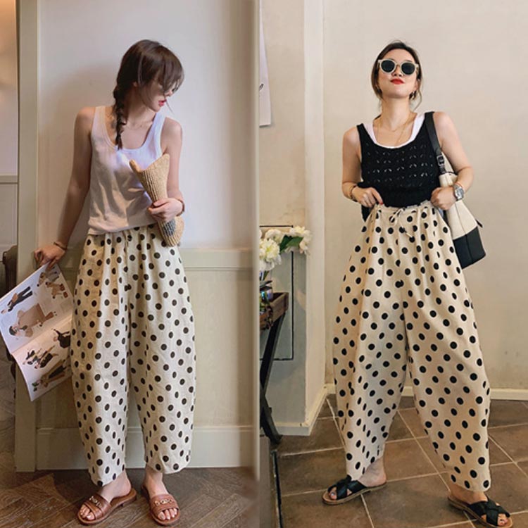 Linen, Hemp - コクーンパンツ 夏 ドット柄 ワイドパンツ リネン 通気性 低身長 ド パンツ 薄手 9分丈 カーブパンツ 速乾 春 レディース ボトム