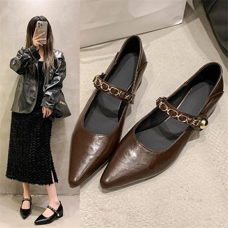 シングル レディース ブラ 金属チェーン フラットソール ポインテッドトゥチェーンフラットパンプス ポインテッドトゥ シューズ