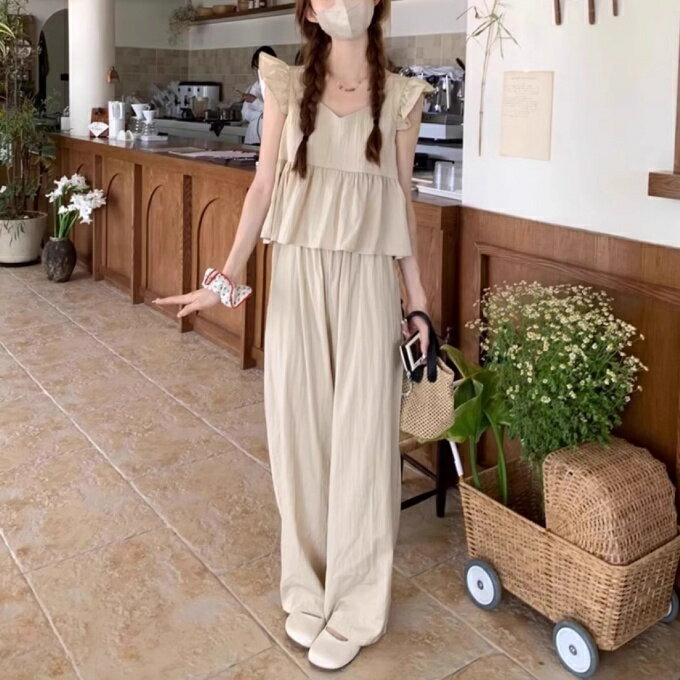 セットアップ ウエスト レディース カジュアル 上下セット 夏 ぺプラム ワイドパンツ タンクトップ リ..