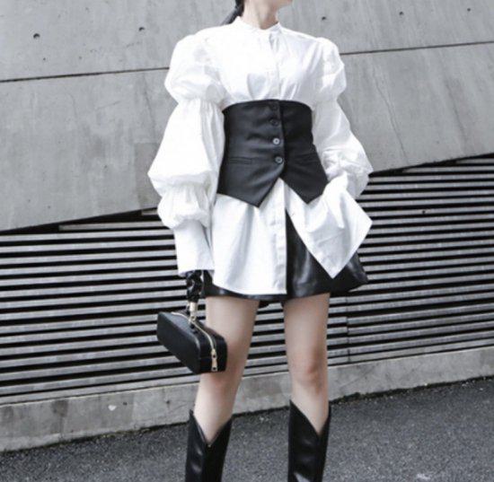 乐天商城 - ベルト コルセット トップス レイヤード くびれ 大きいサイズ セクシー スリム レディース ショート丈 重ね着 秋新作 ボタン 秋