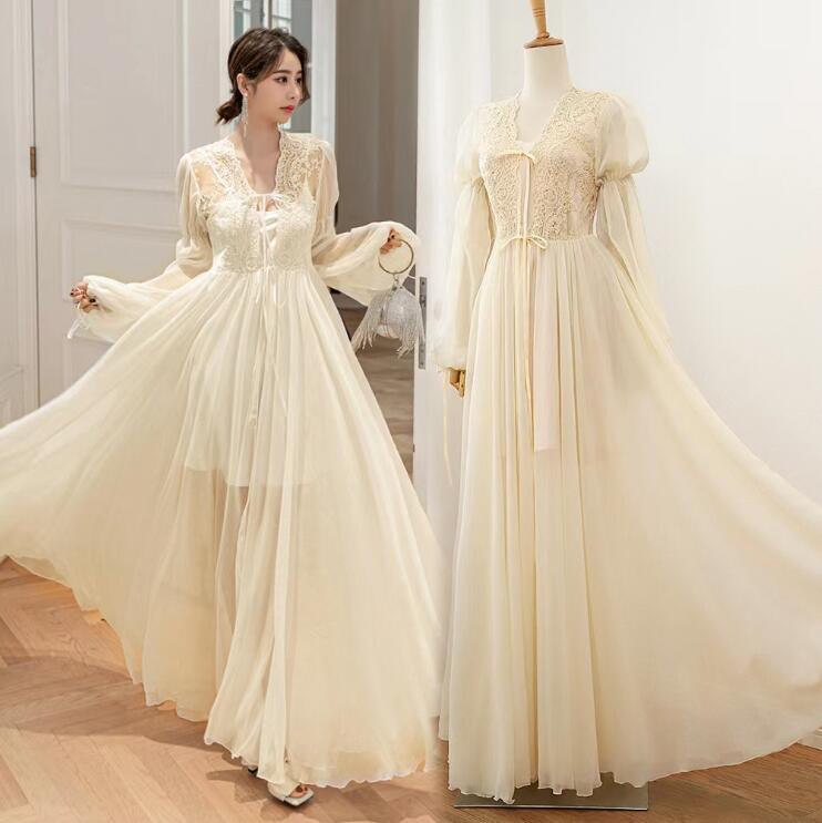 パジャマ 上品 シースルー ベージュ/ホワイト 着 姫系 リボン 2点セット お嬢様 セクシー 長袖カーディ..