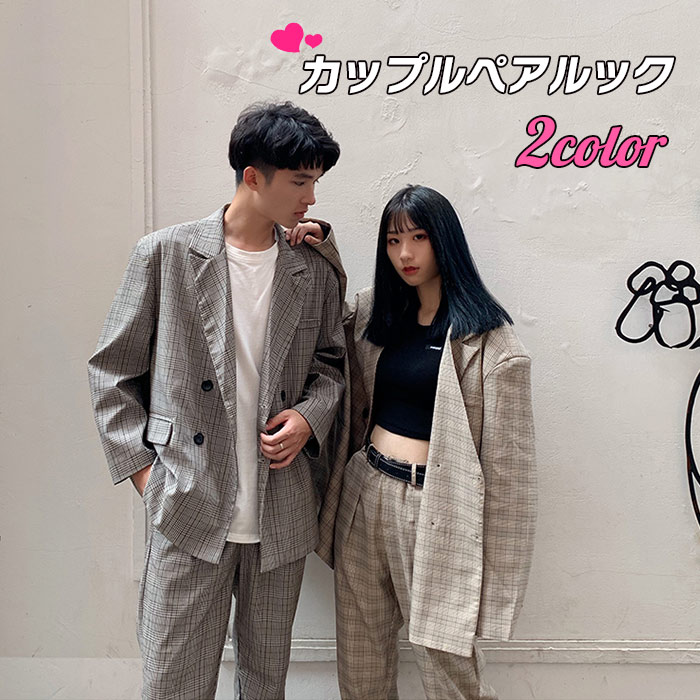 セットアップ トレンド チェック柄 上下セット ビジネススーツ カジュアルスーツ カップルペアルック 2..
